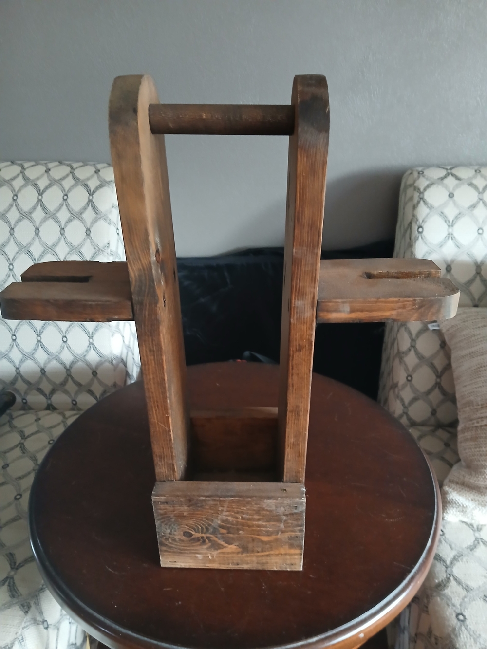 Bottle And Glass Handcrafted Brown Wooden Carrier